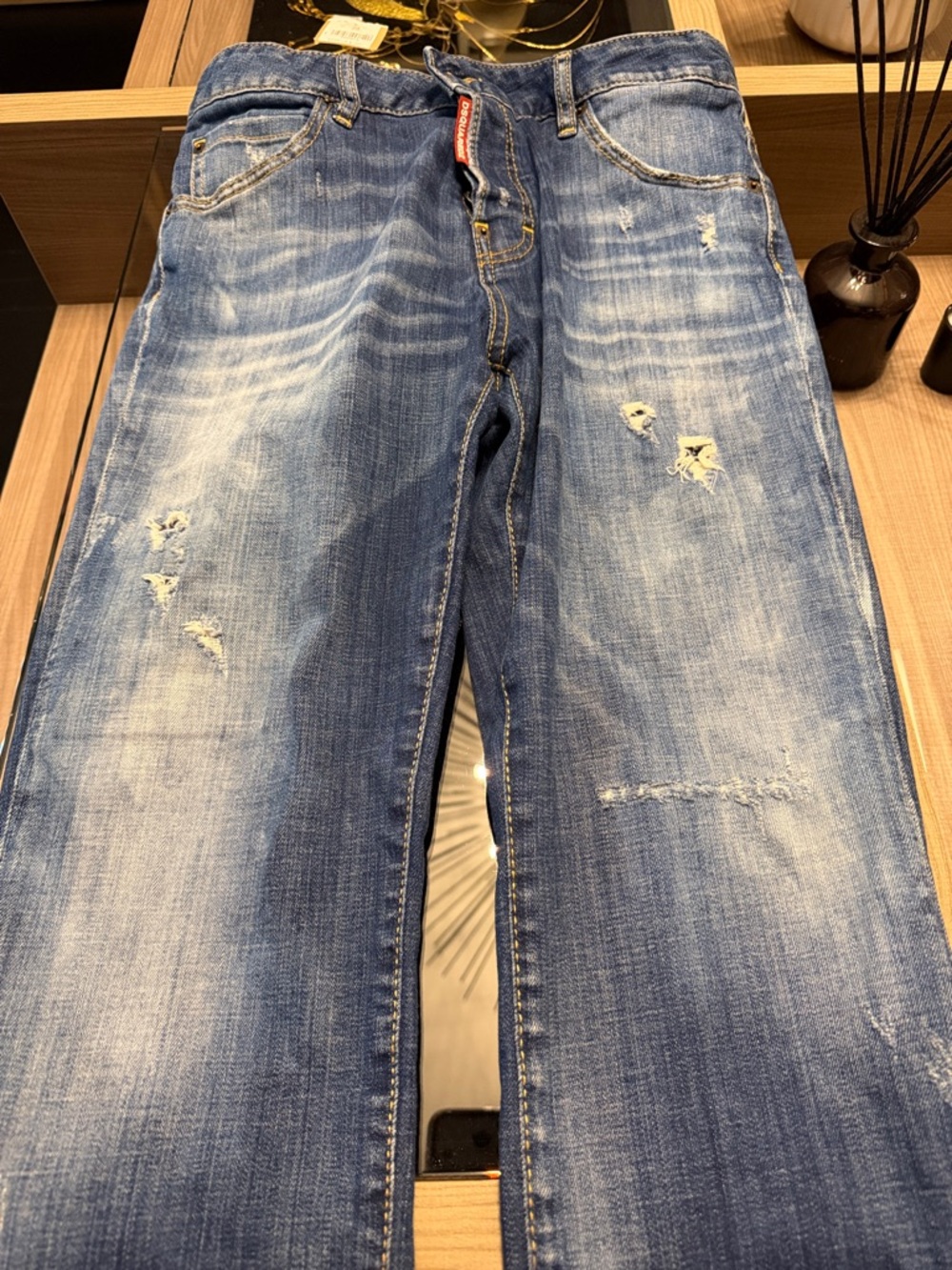 DSQUARED2 Blue Distressed Denim Jeans with Red Logo Tab
